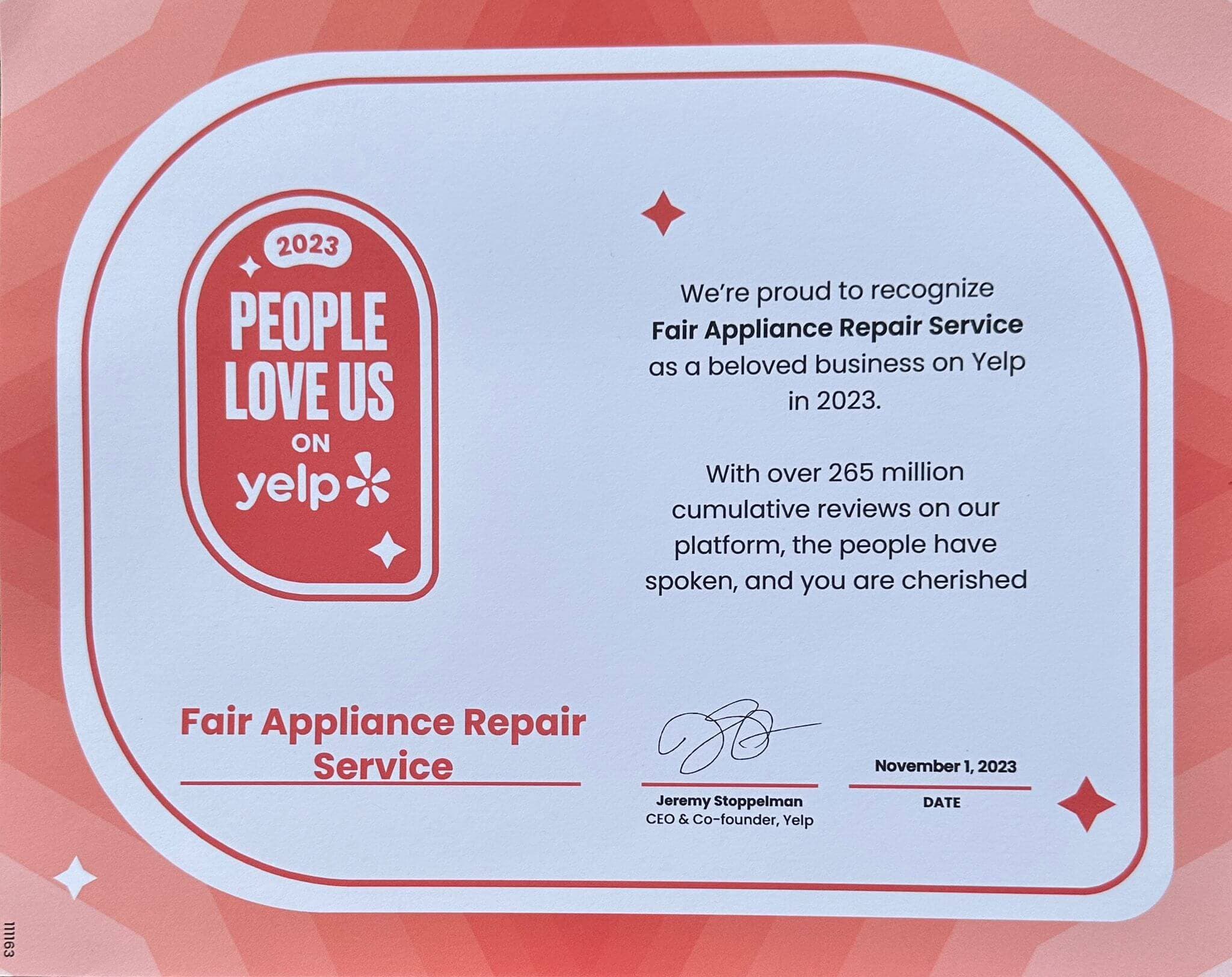 /awards-and-certifications/Fair Appliance Repair Service - Yelp.jpg